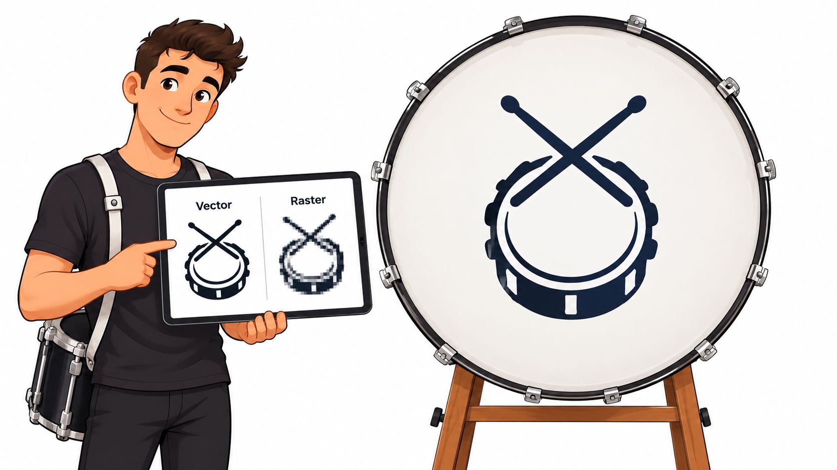 A young man holding a tablet showing vector and raster drum graphics next to a large bass drum.