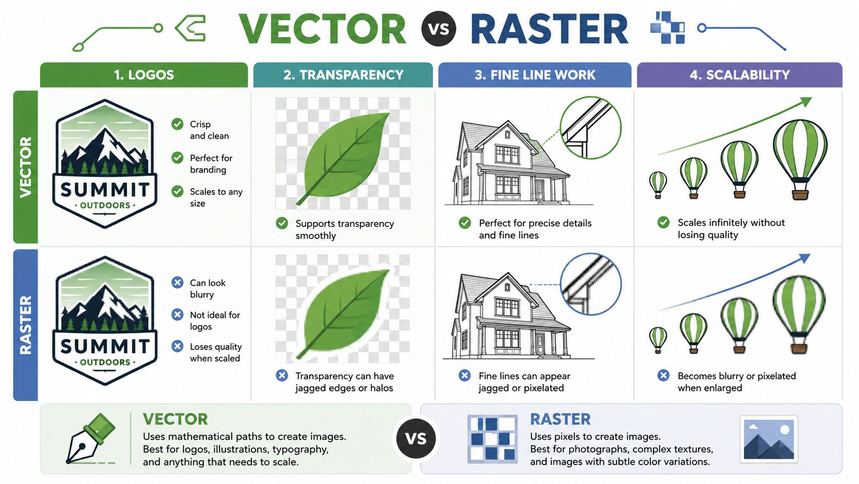 A comparison chart explaining the technical differences between vector and raster image file formats for printing.