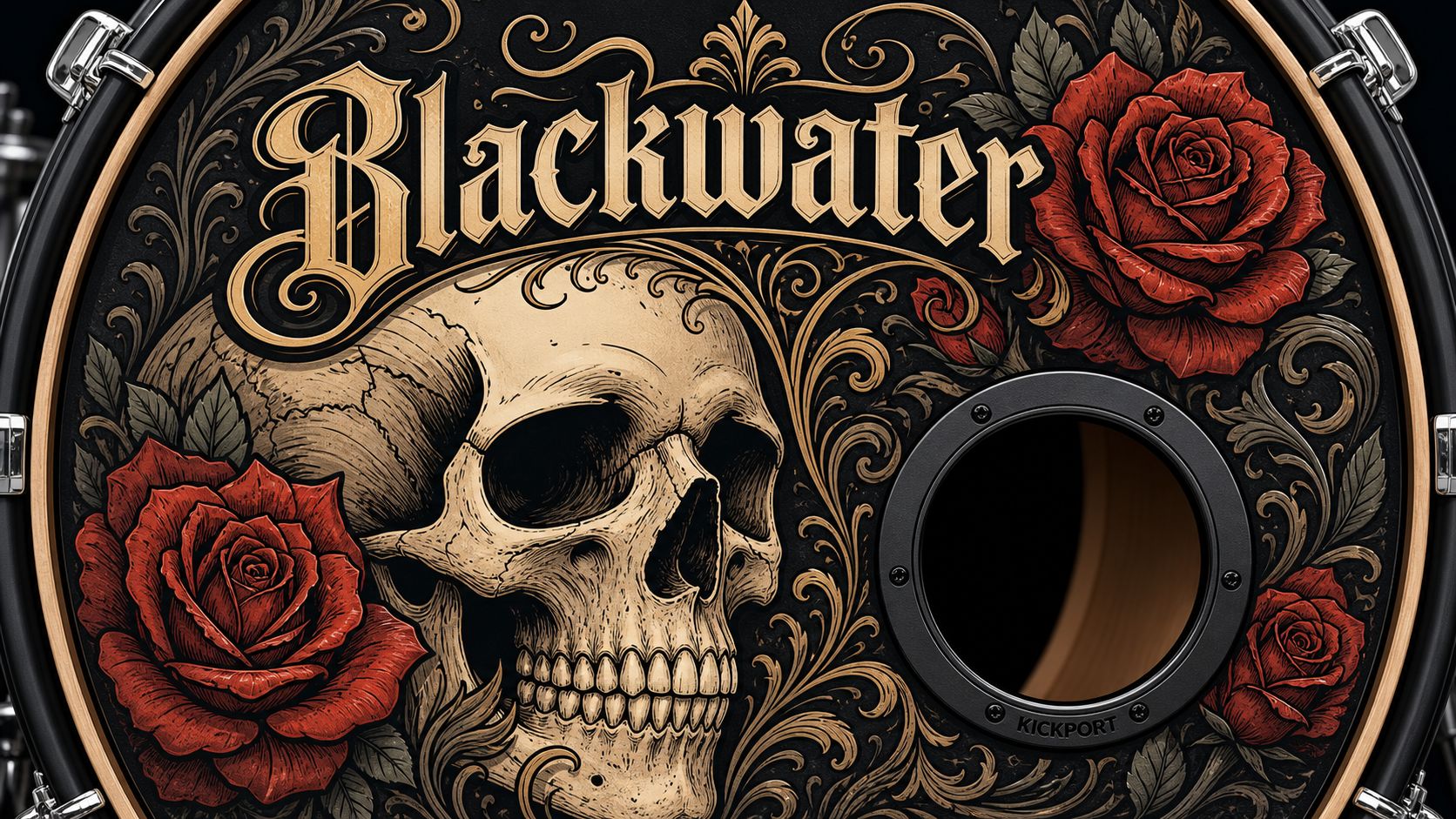A custom black bass drum head featuring a skull and red roses with Blackwater written in text.