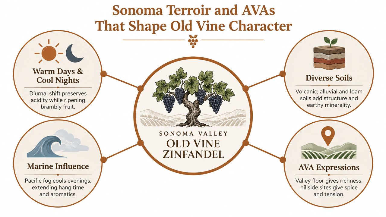 An infographic detailing how terroir and Sonoma AVAs shape the character of old vine Zinfandel wine.