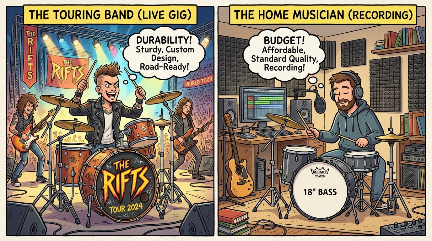 A split image comparing a touring band playing live and a home musician recording drums in studio.