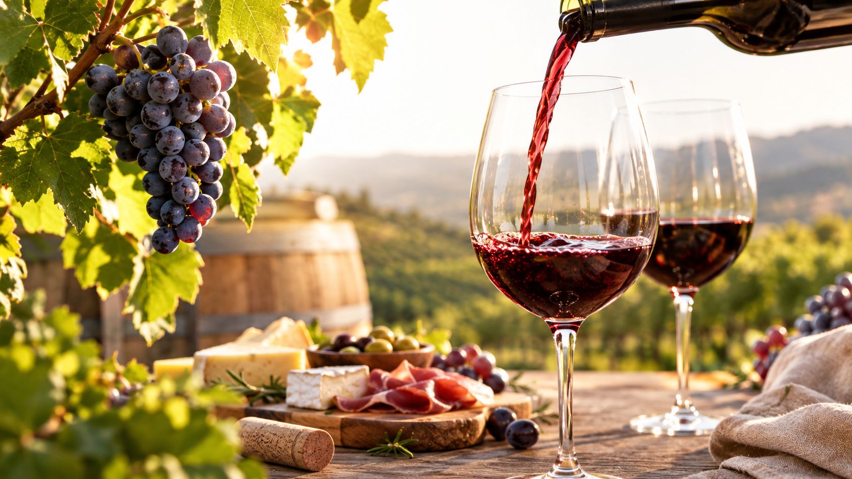 Red wine being poured into a glass with a vineyard landscape and cheese platter in the background.