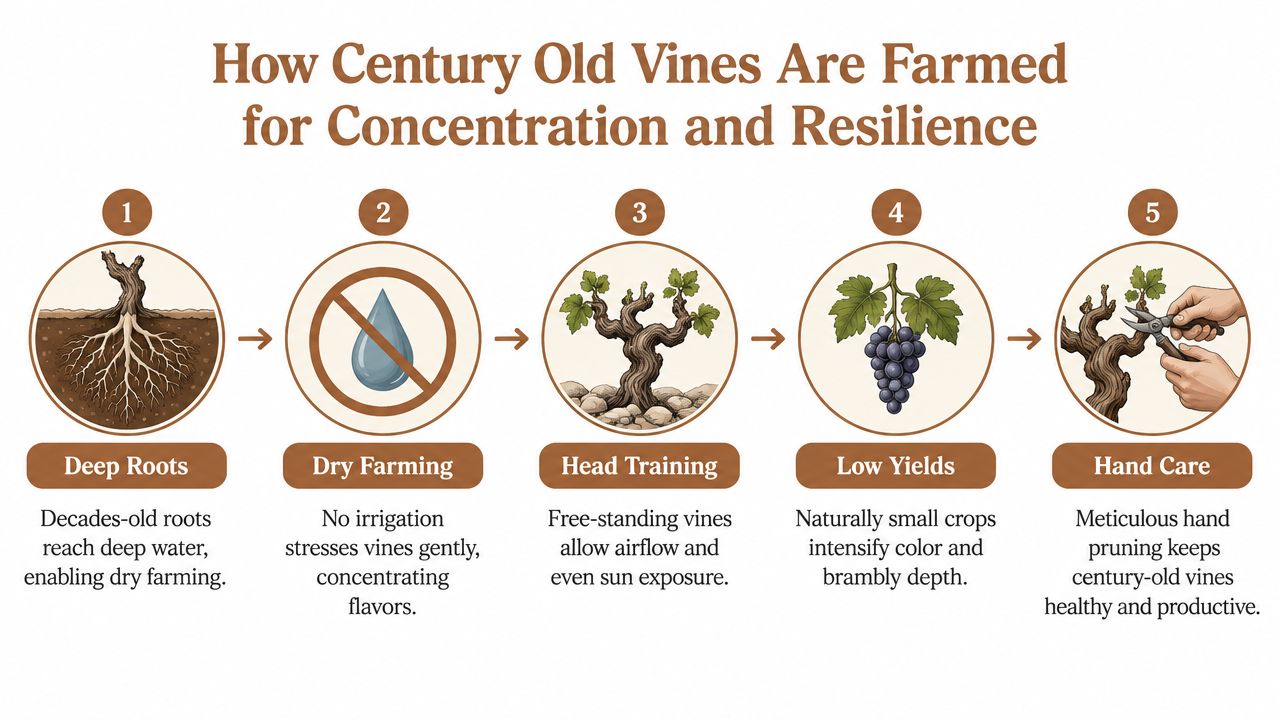 A five-step infographic showing how century-old vines are farmed for concentration and resilience through traditional methods.