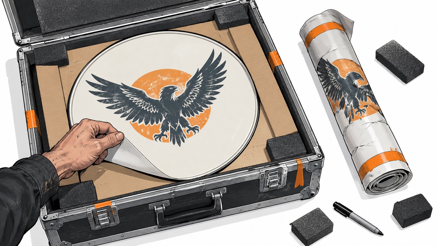 A person placing a circular eagle-themed bass drum head decal into a protective transport case.
