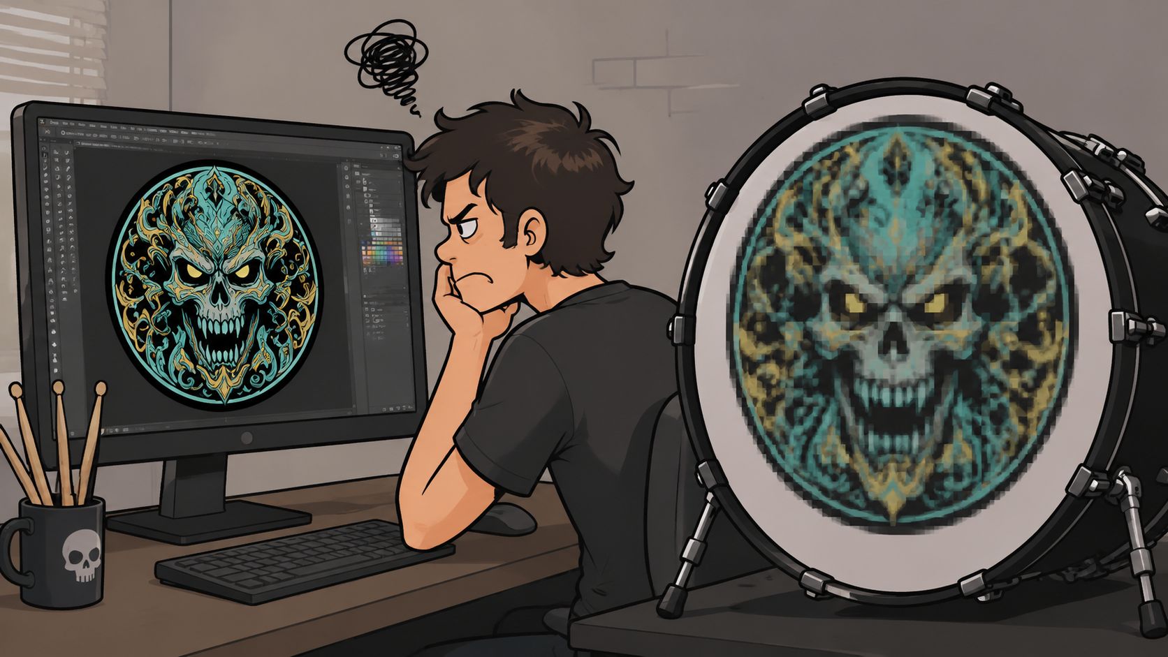 A frustrated designer looks at a pixelated skull graphic on a bass drum compared to his monitor.