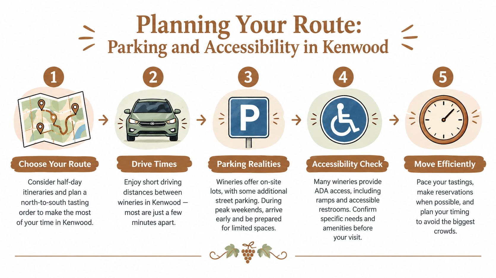 An infographic illustrating five steps for planning a route for visiting wineries in Kenwood, California.