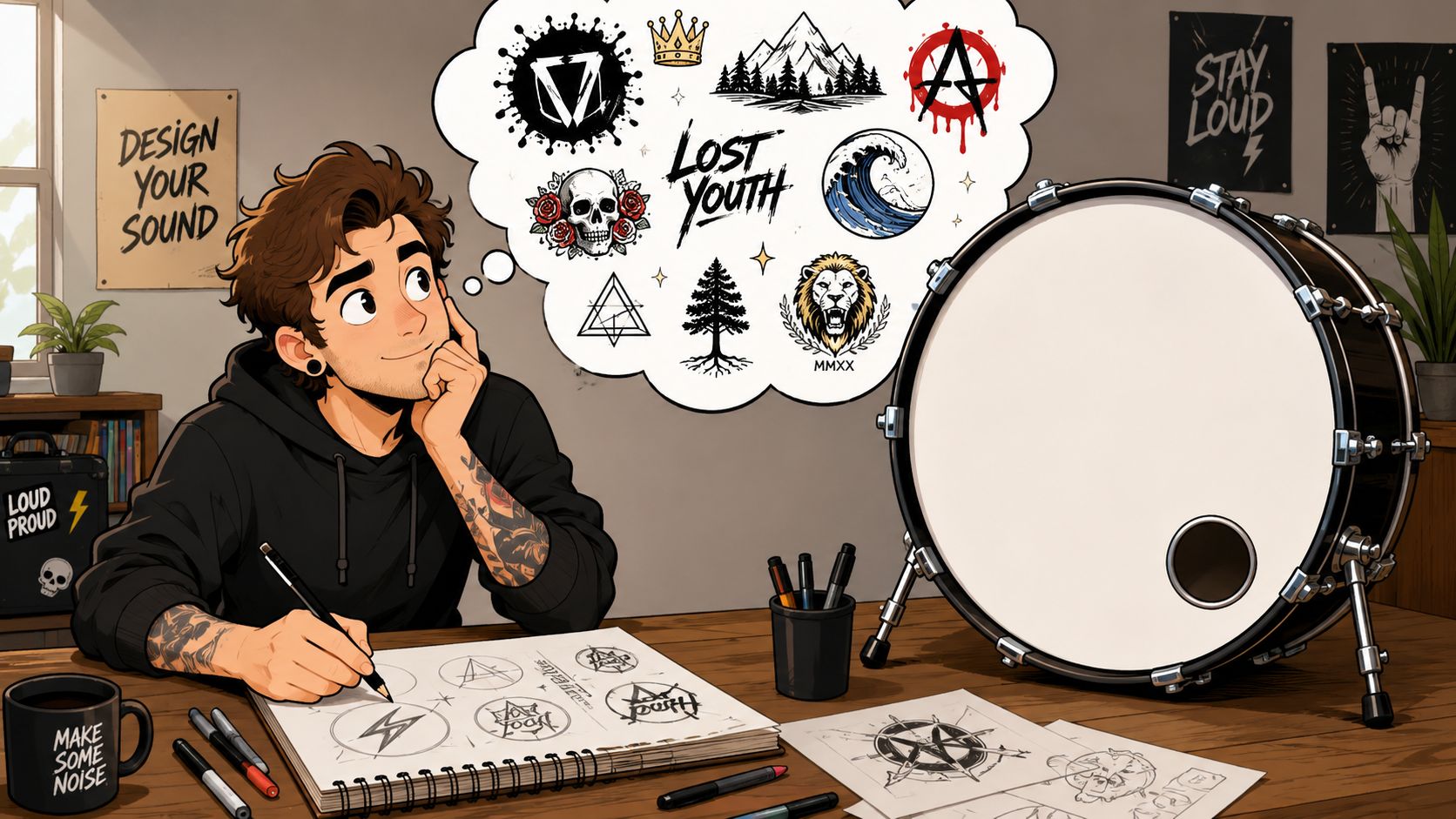 A young artist with tattoos sketching custom logo designs for a blank white kick drum head.