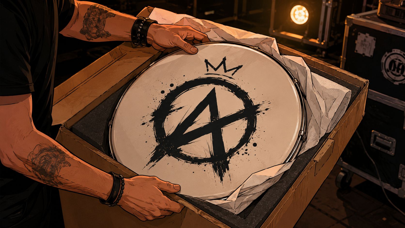 A person with tattoos carefully unpacking a new bass drum head featuring an anarchy symbol and crown logo.