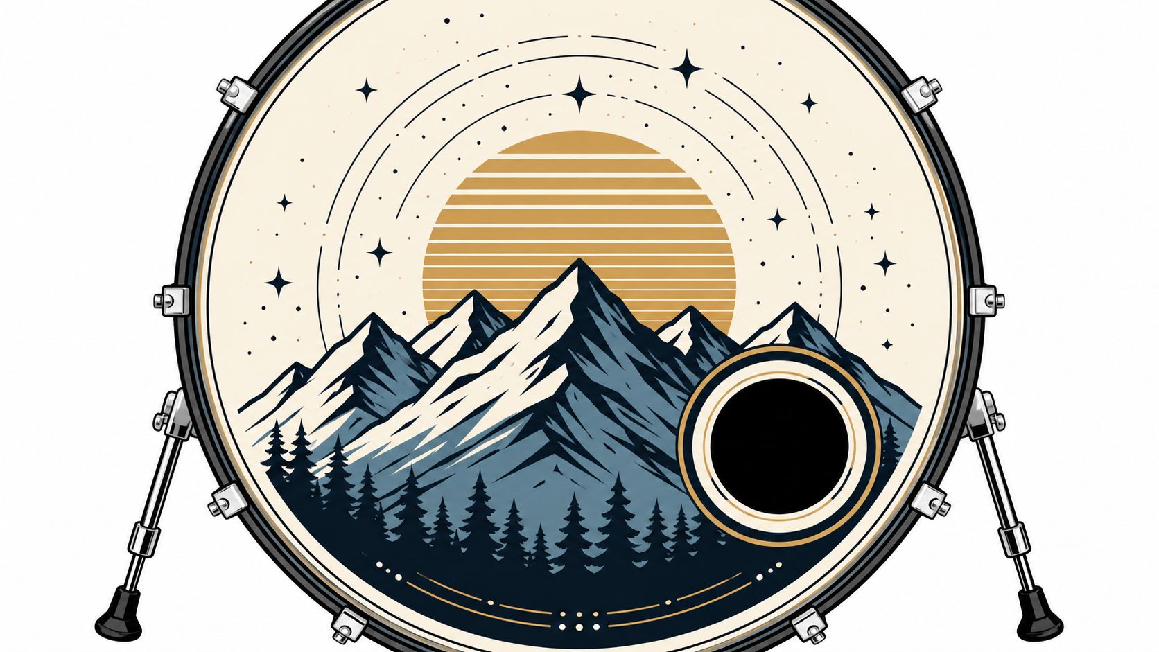 A custom bass drum head featuring a minimalist mountain landscape illustration with a sunset and pine forest.