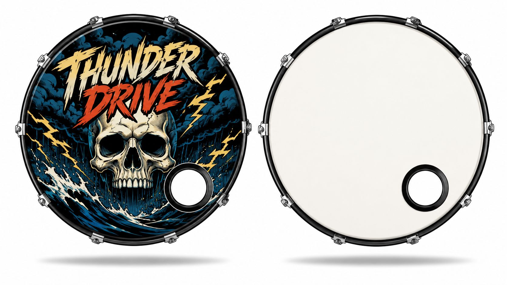 A custom illustrated bass drum head featuring a skull and thunder design alongside a plain white head.