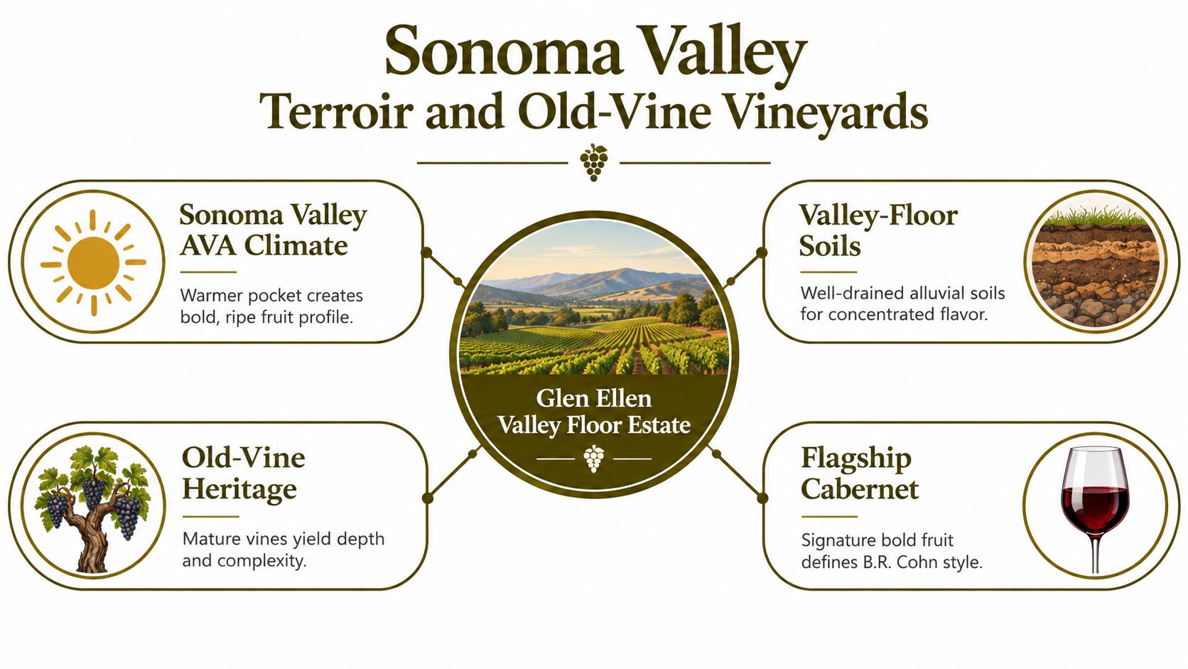 An infographic detailing the terroir and heritage of the Glen Ellen Valley Floor Estate vineyards in Sonoma.