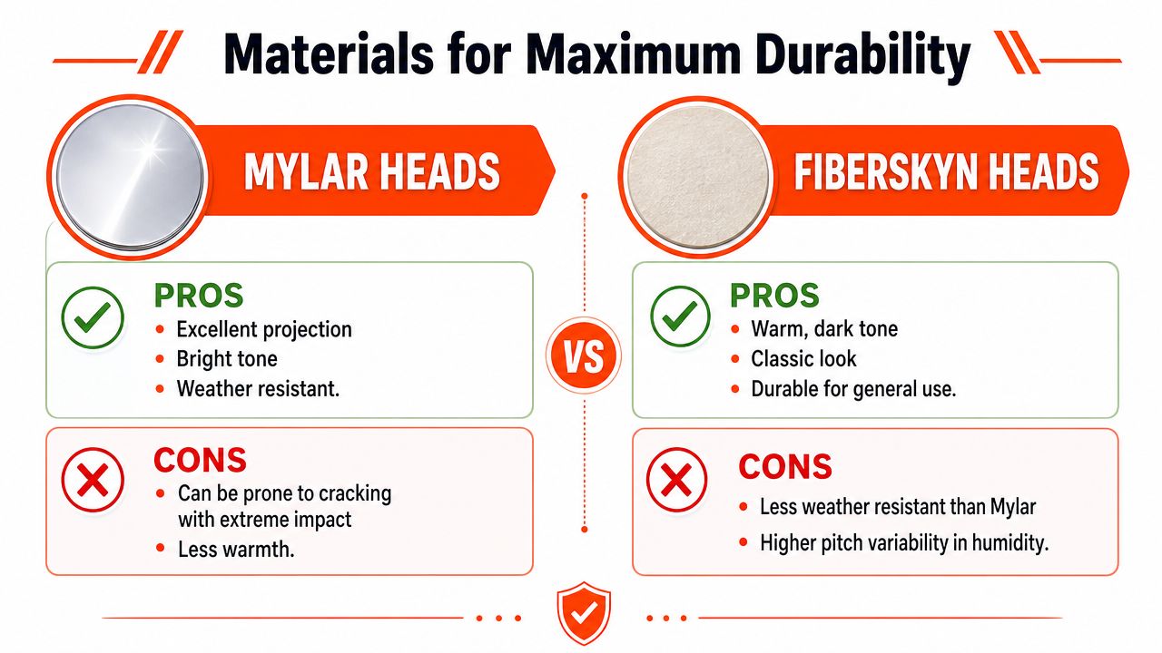 A comparison chart showing pros and cons of Mylar versus Fiberskyn drum heads for durability.