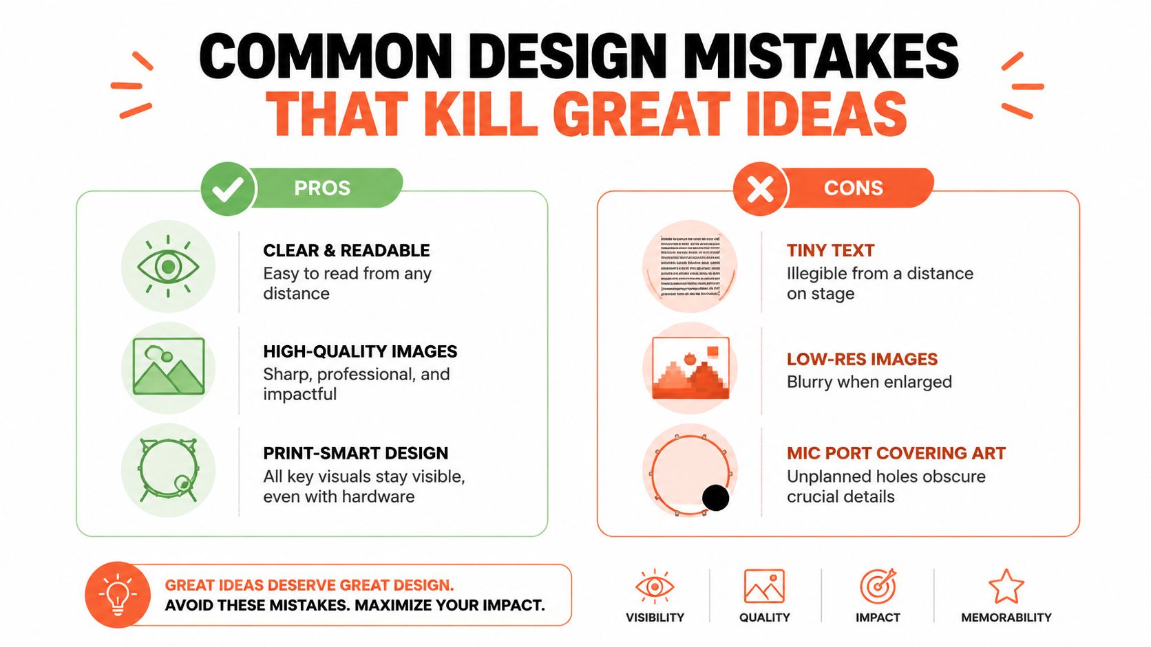 An infographic highlighting common design mistakes versus good design practices for bass drum heads and visuals.