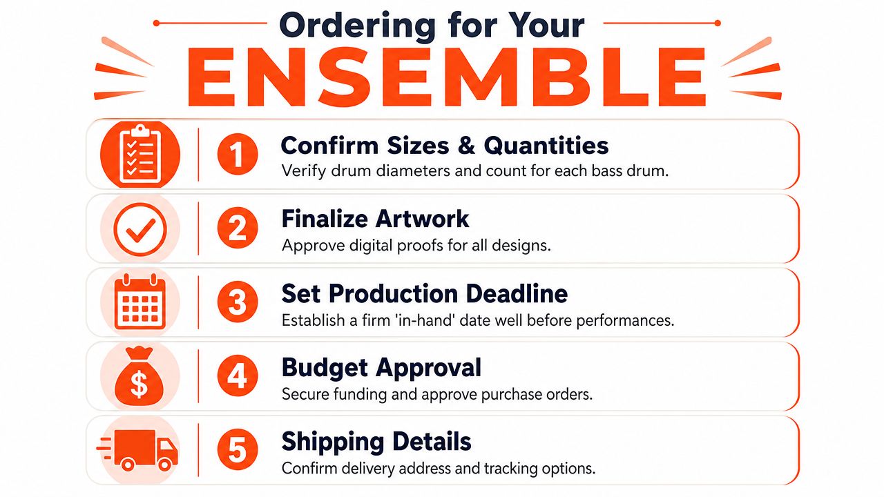 A five-step instructional guide titled Ordering for Your Ensemble outlining the process for ordering bass drum gear.