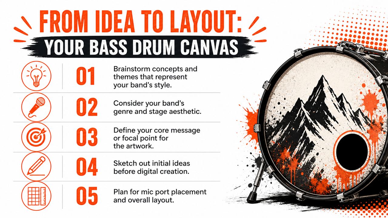 A list of five numbered steps for designing custom bass drum artwork with an illustrative drum graphic.