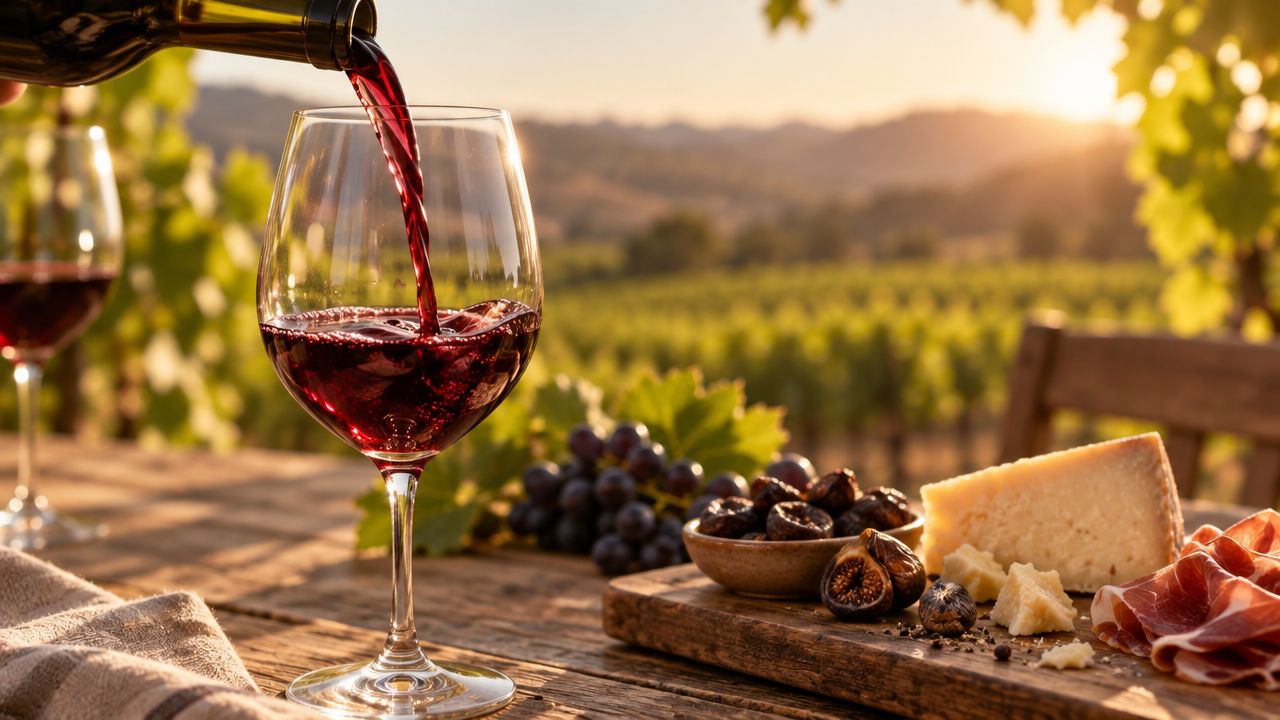 Red wine being poured into a glass on a wooden table at a scenic vineyard at sunset.