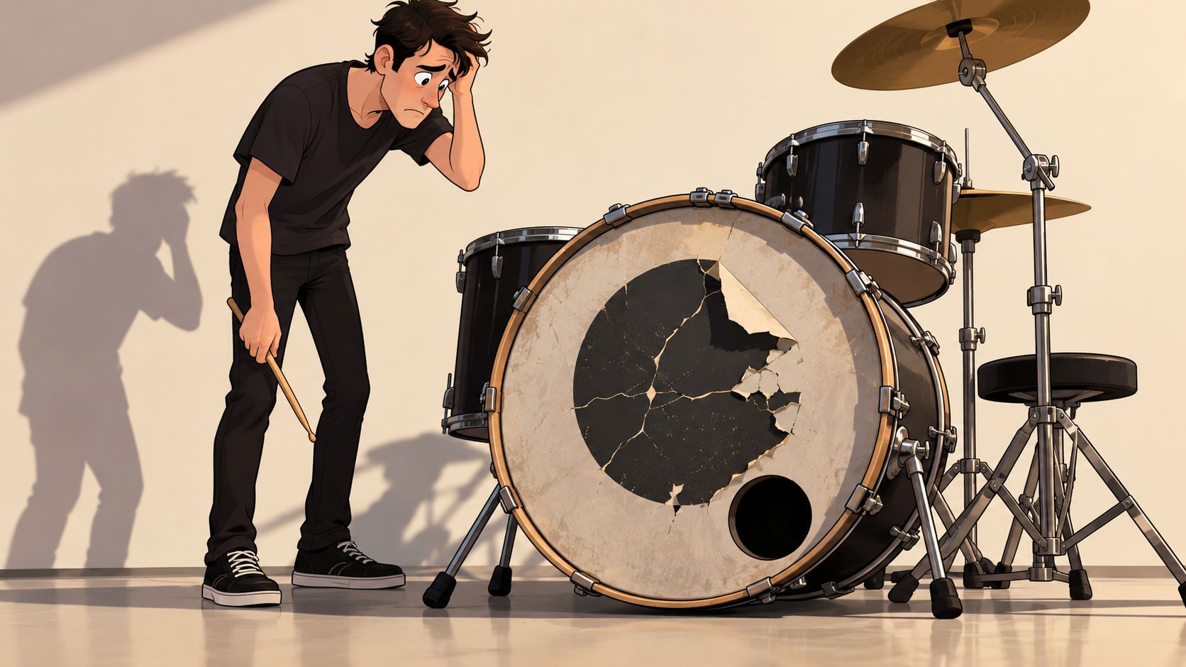 A frustrated drummer standing next to a bass drum with a cracked and damaged circular logo decal.