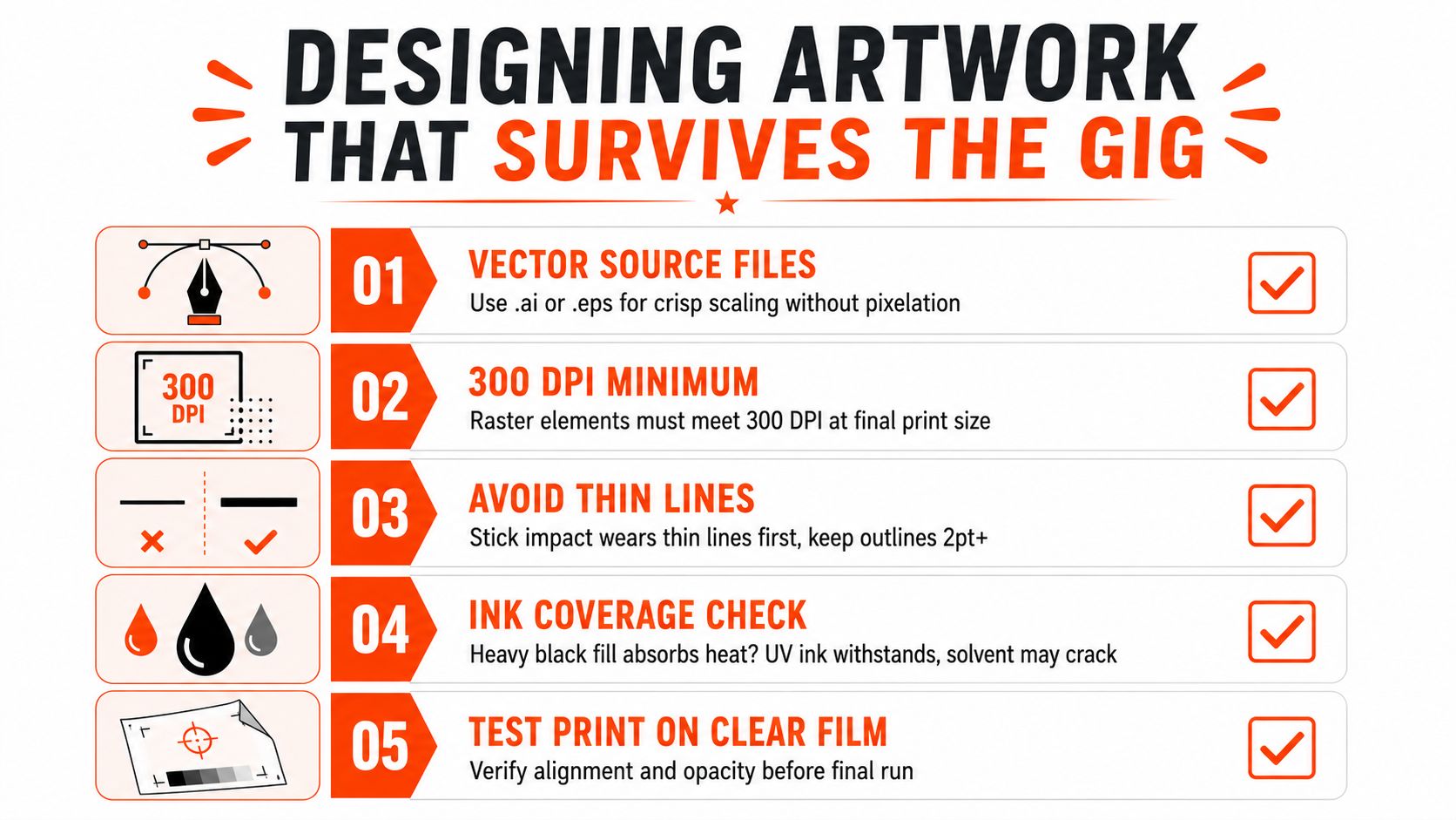 A graphic design checklist for printing drum heads, listing five professional tips for high quality custom artwork.