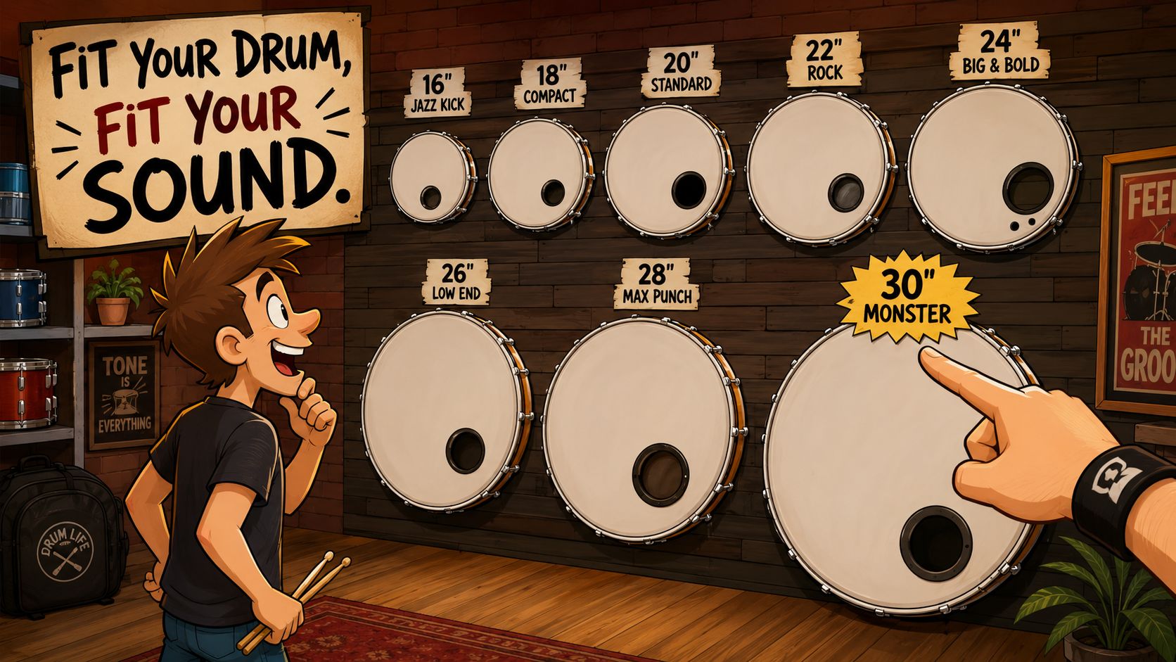 A cartoon illustration showing a variety of bass drum head sizes labeled for different musical sounds.