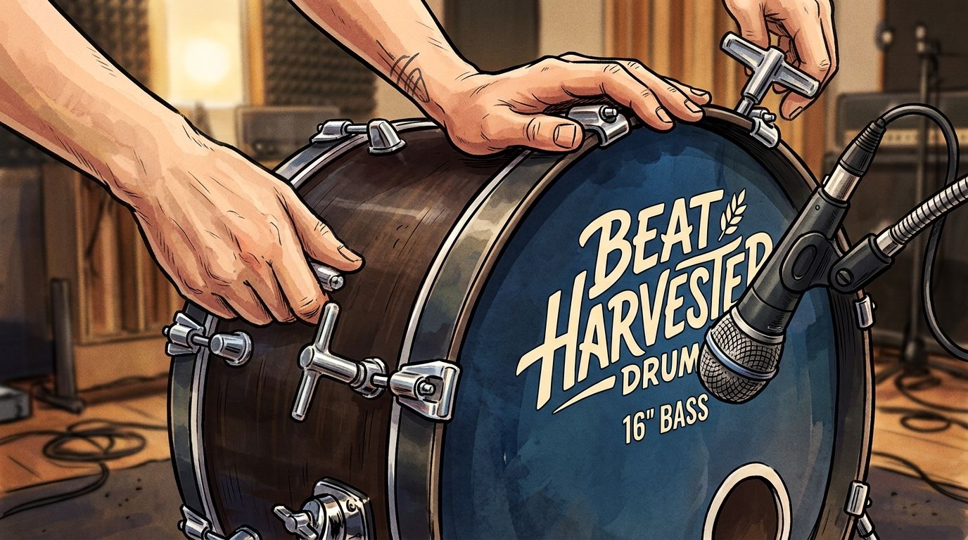 A close-up illustration of hands tuning a 16 inch bass drum in a professional recording studio setting.