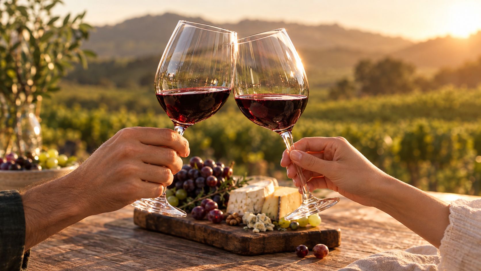 A couple cheers with glasses of red wine at a sunset vineyard table with cheese and grapes.