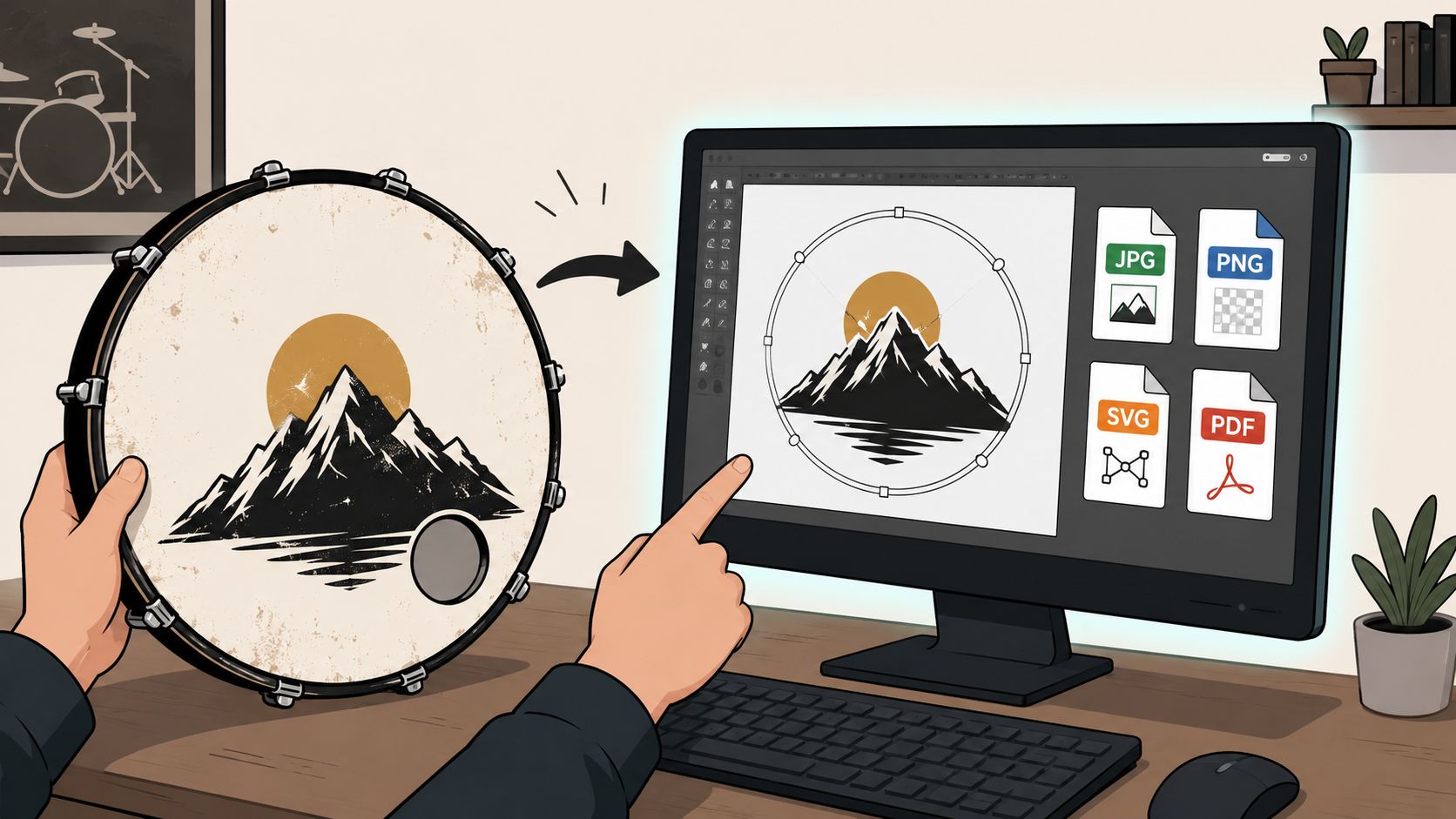 A person digitally designing a custom mountain logo for a bass drum head on a computer screen.