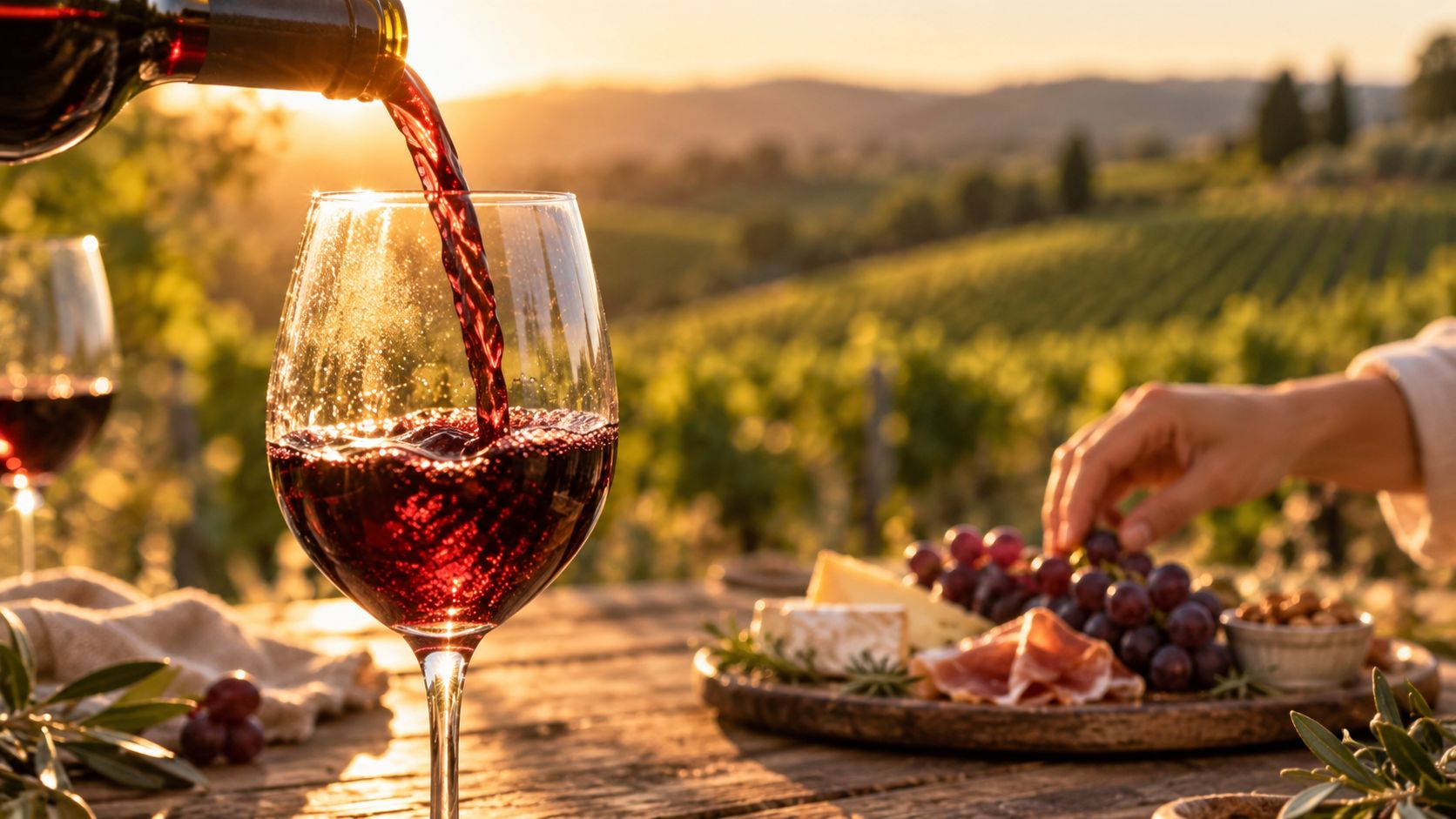 A glass of red wine being poured at a vineyard during a scenic golden sunset.