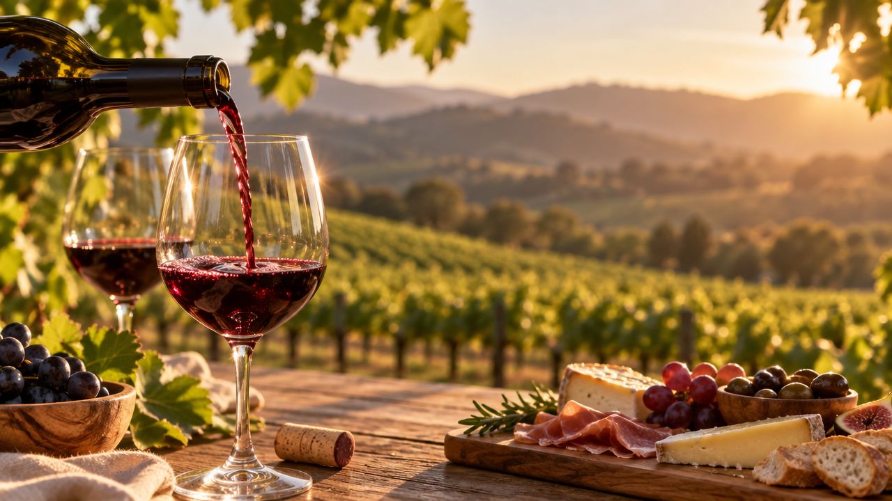 Red wine being poured into a glass overlooking a scenic vineyard at sunset with appetizers.