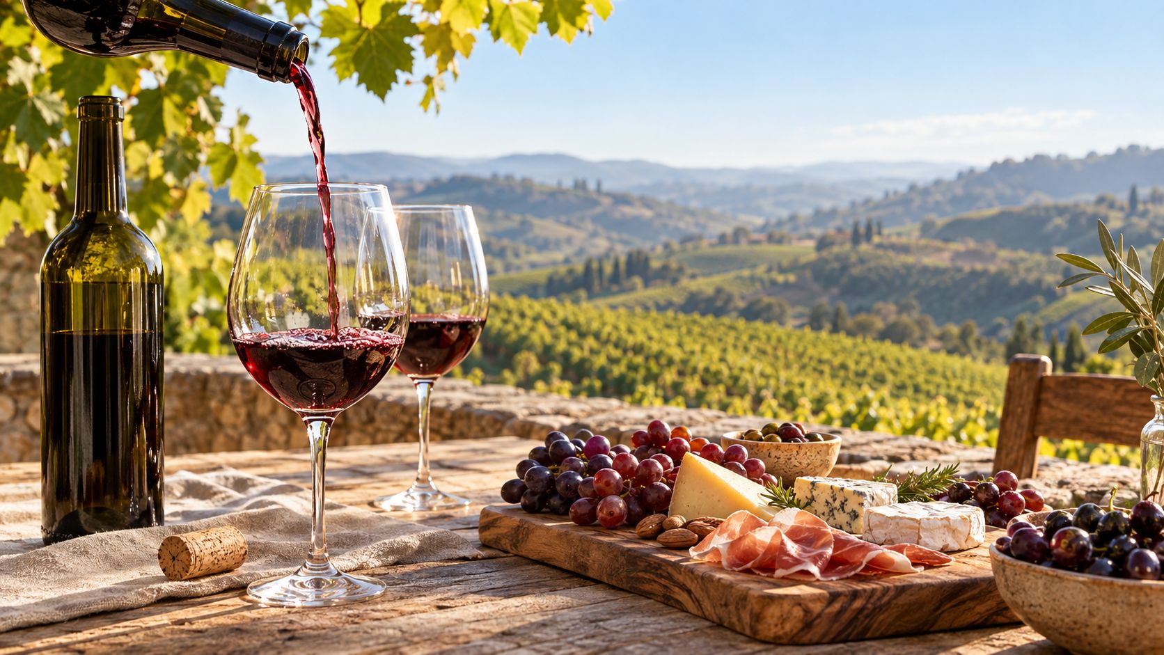 A scenic view of a Tuscan winery with wine being poured into glasses beside an antipasto board.