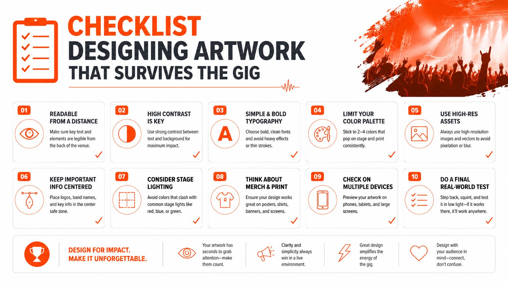 A ten-point infographic checklist on how to design effective event artwork that is readable and impactful.