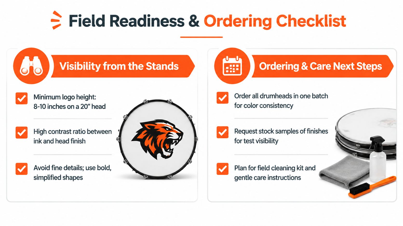 A checklist infographic providing tips for marching band bass drum head logo visibility and maintenance.