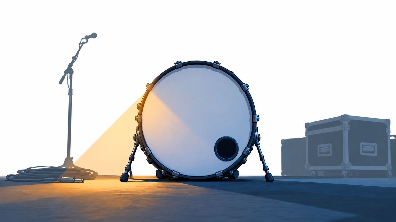 A blank bass drum head on a stage with a microphone stand and flight cases nearby.