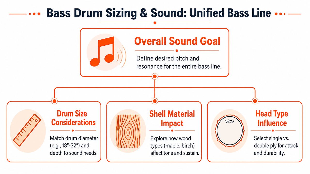 An infographic titled Bass Drum Sizing and Sound illustrating key factors for achieving a unified bass line.