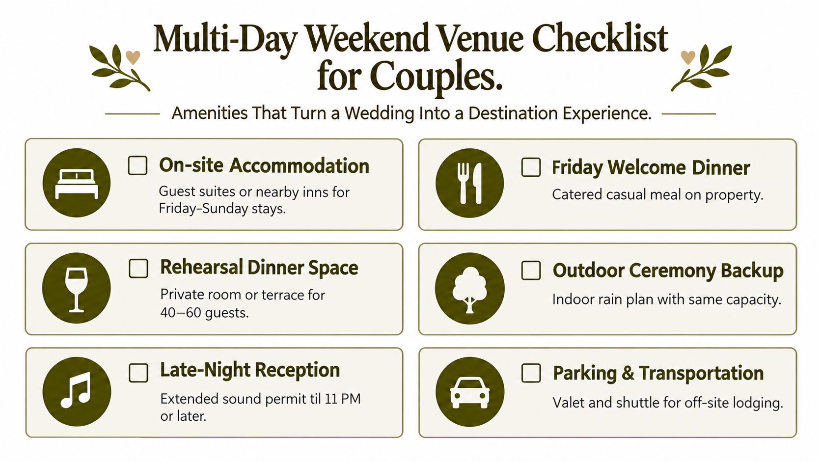 A checklist for couples planning a multi-day destination wedding with essential venue amenities and services.
