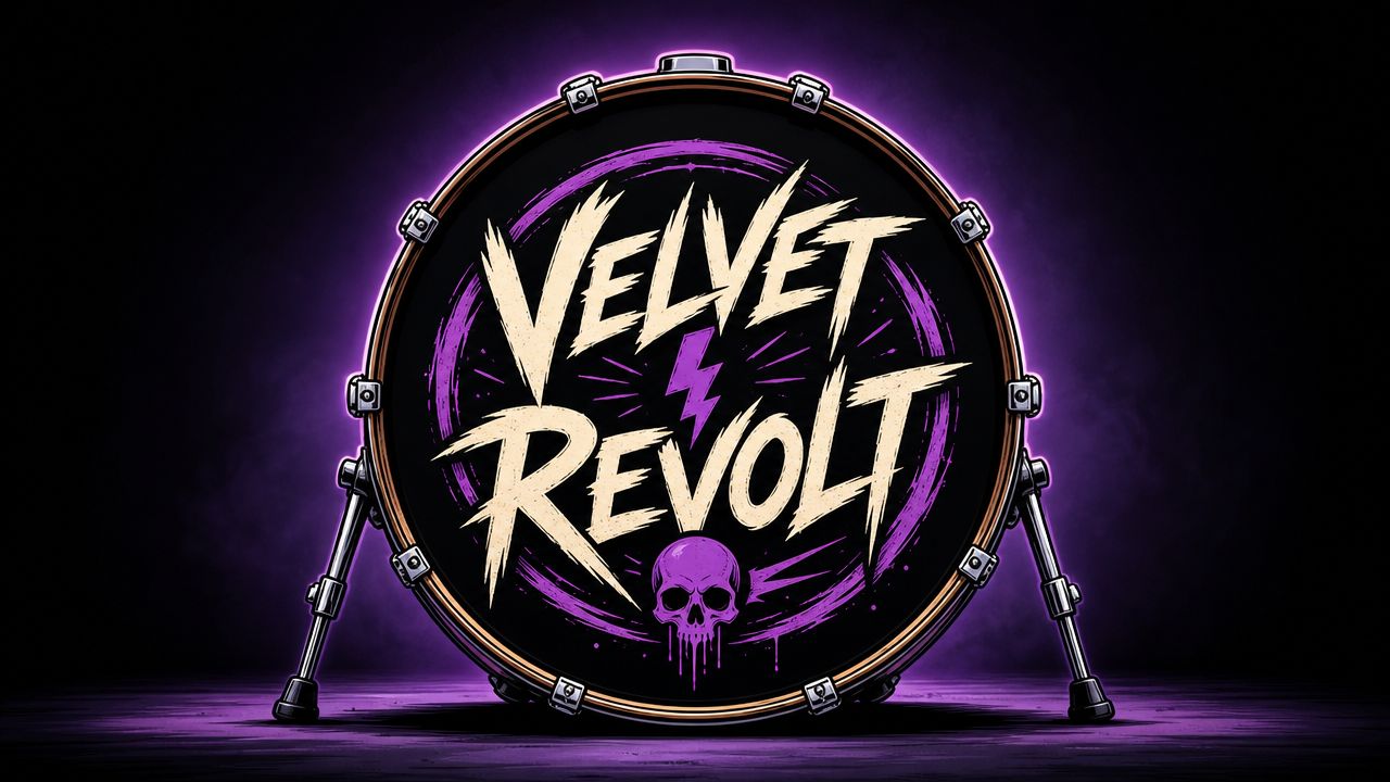 A black bass drum with a purple glow, featuring the band name Velvet Revolt and a skull design.