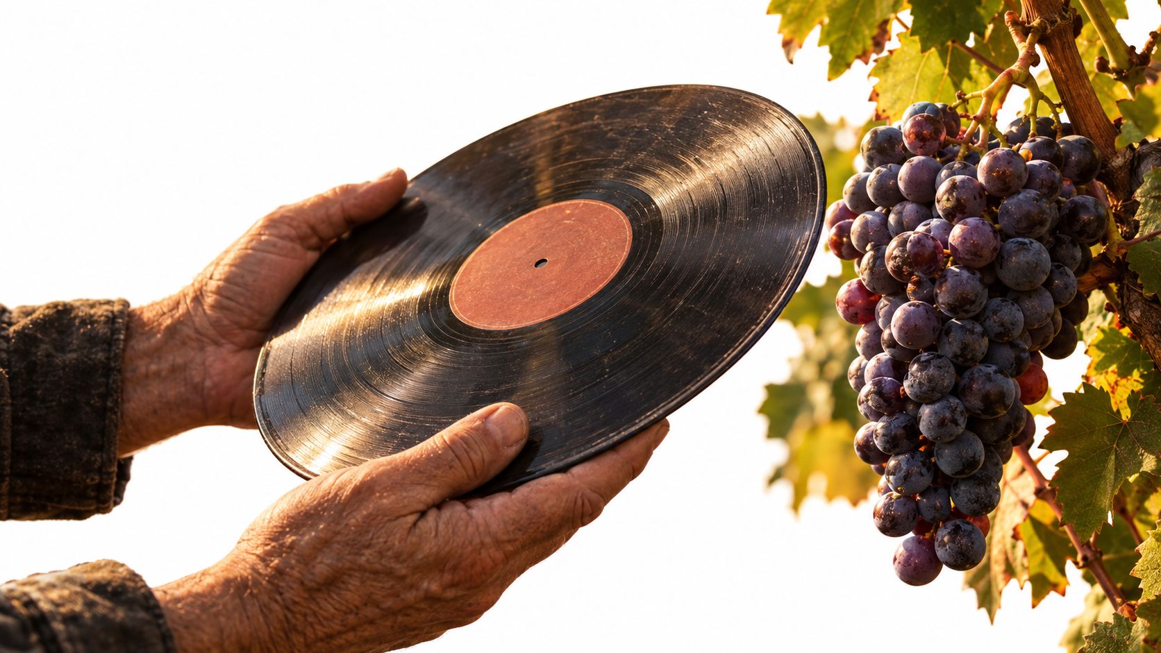 An elderly person holding a vintage vinyl record next to a bunch of ripe grapes in a vineyard.