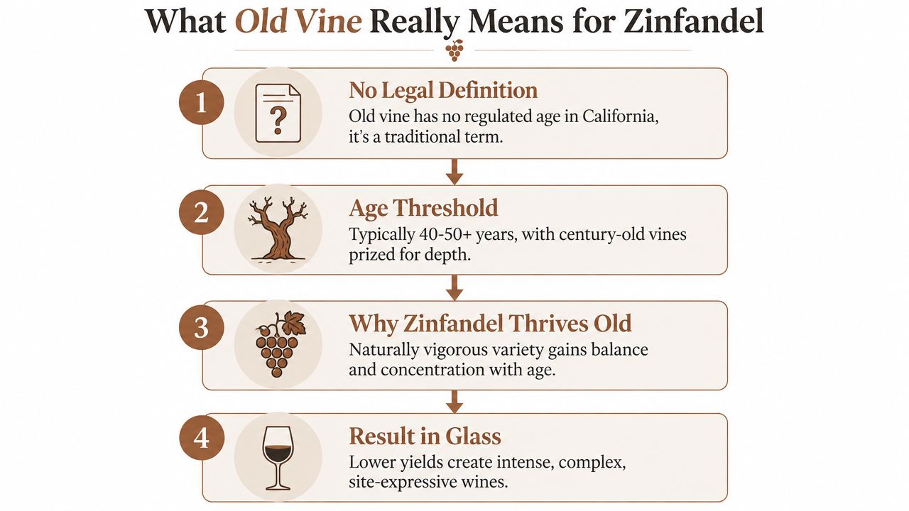 An infographic titled What Old Vine Really Means for Zinfandel showing four key characteristics of aging vines.