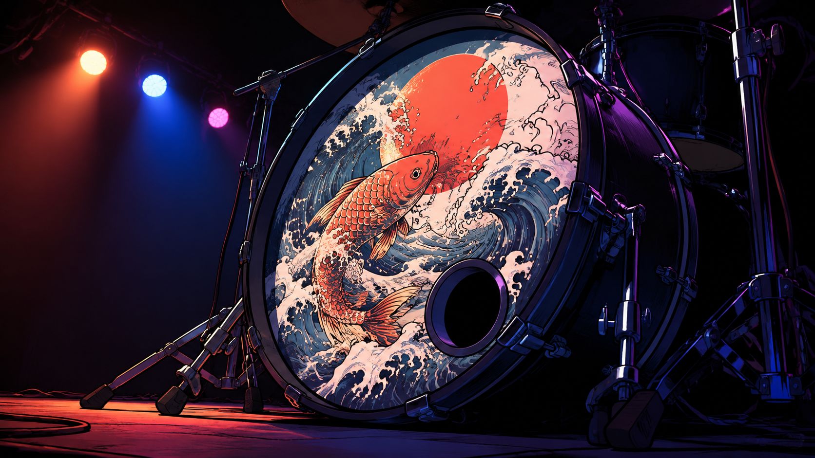 A bass drum head featuring a vibrant koi fish illustration with ocean waves and a red sun.