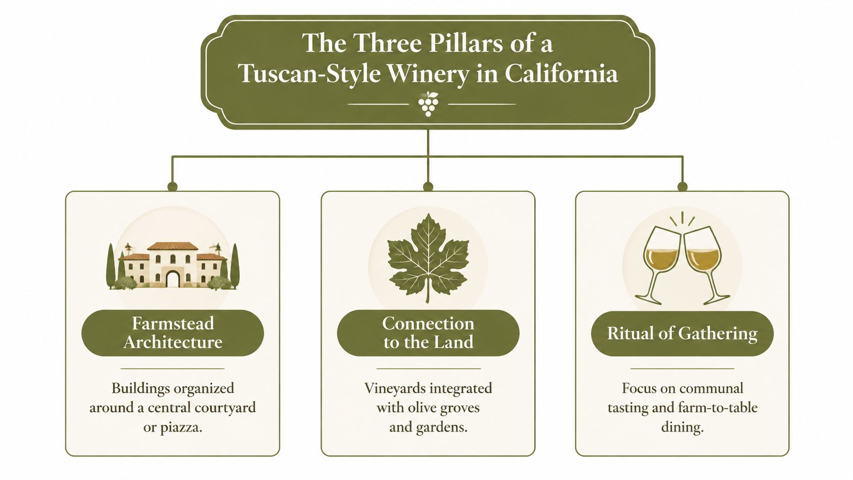 A diagram outlining the three pillars of a Tuscan-style winery in California: farmstead architecture, connection to the land, and ritual of gathering.