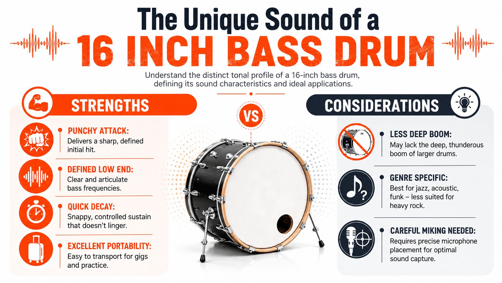 An infographic highlighting the unique sound characteristics, strengths, and considerations of using a 16-inch bass drum.