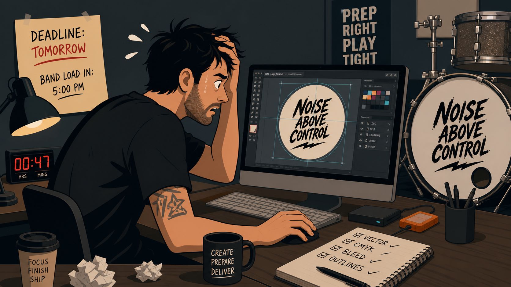 A stressed designer working late on a band logo design with a tight deadline and drum set nearby.