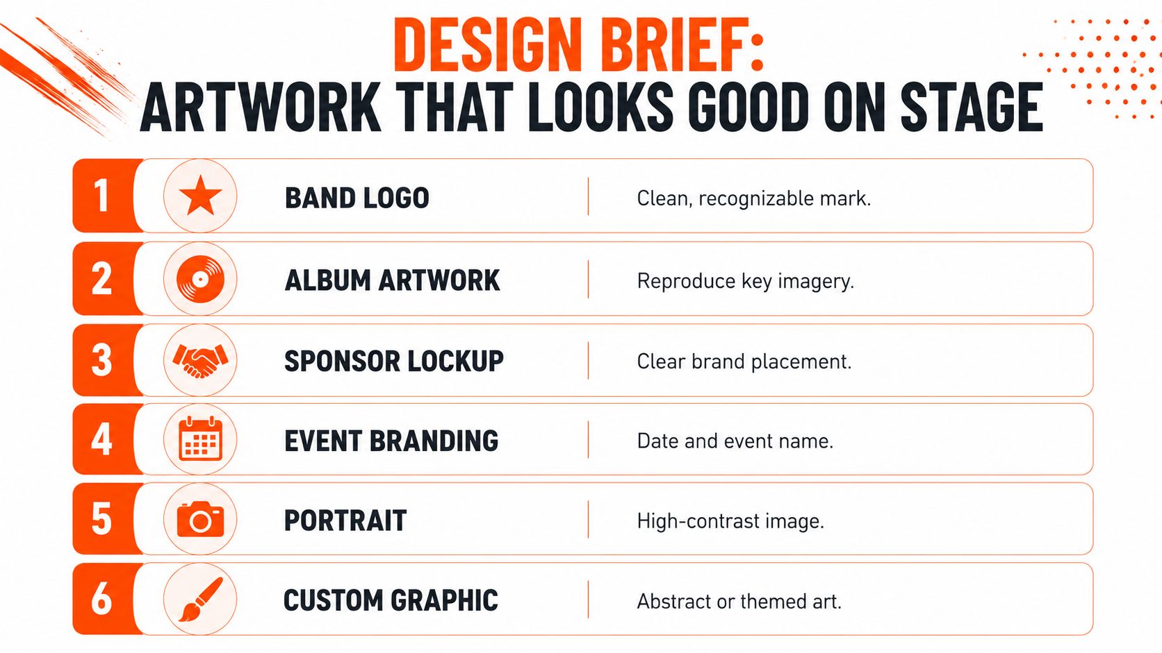 A design brief infographic listing six essential elements for creating effective concert stage artwork visuals.