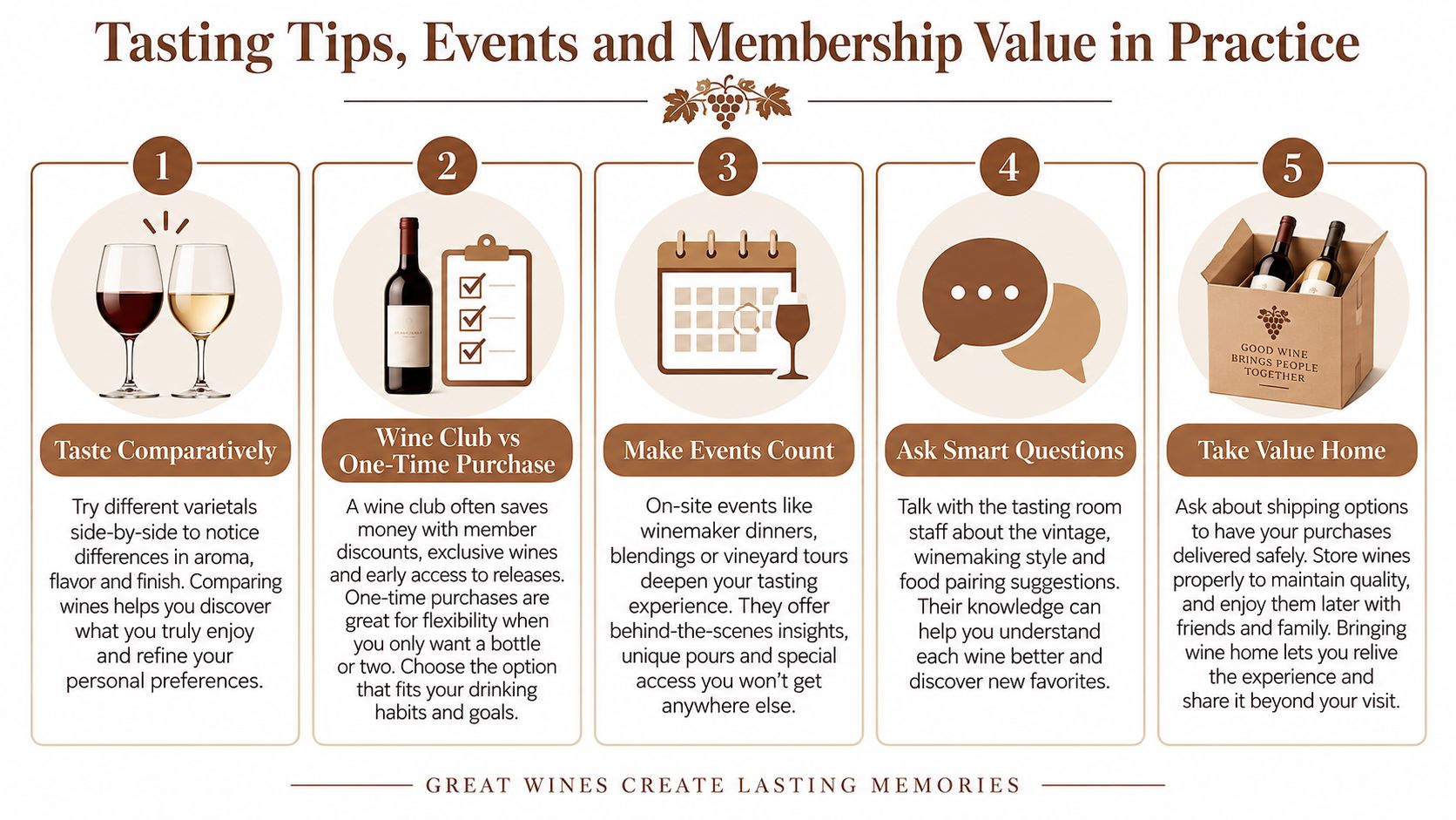 A helpful guide illustrating five essential tips for enjoying winery tasting events and wine memberships effectively.