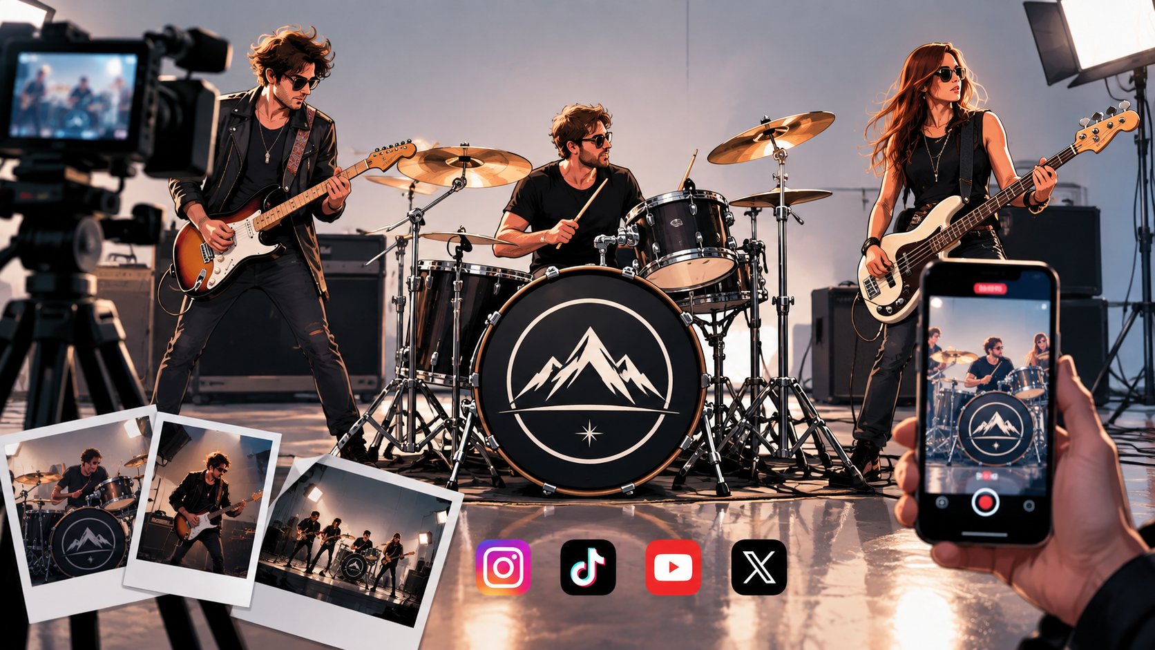 A band during a photo and video shoot with the kick drum logo centered in frame, showing how a custom drum head strength