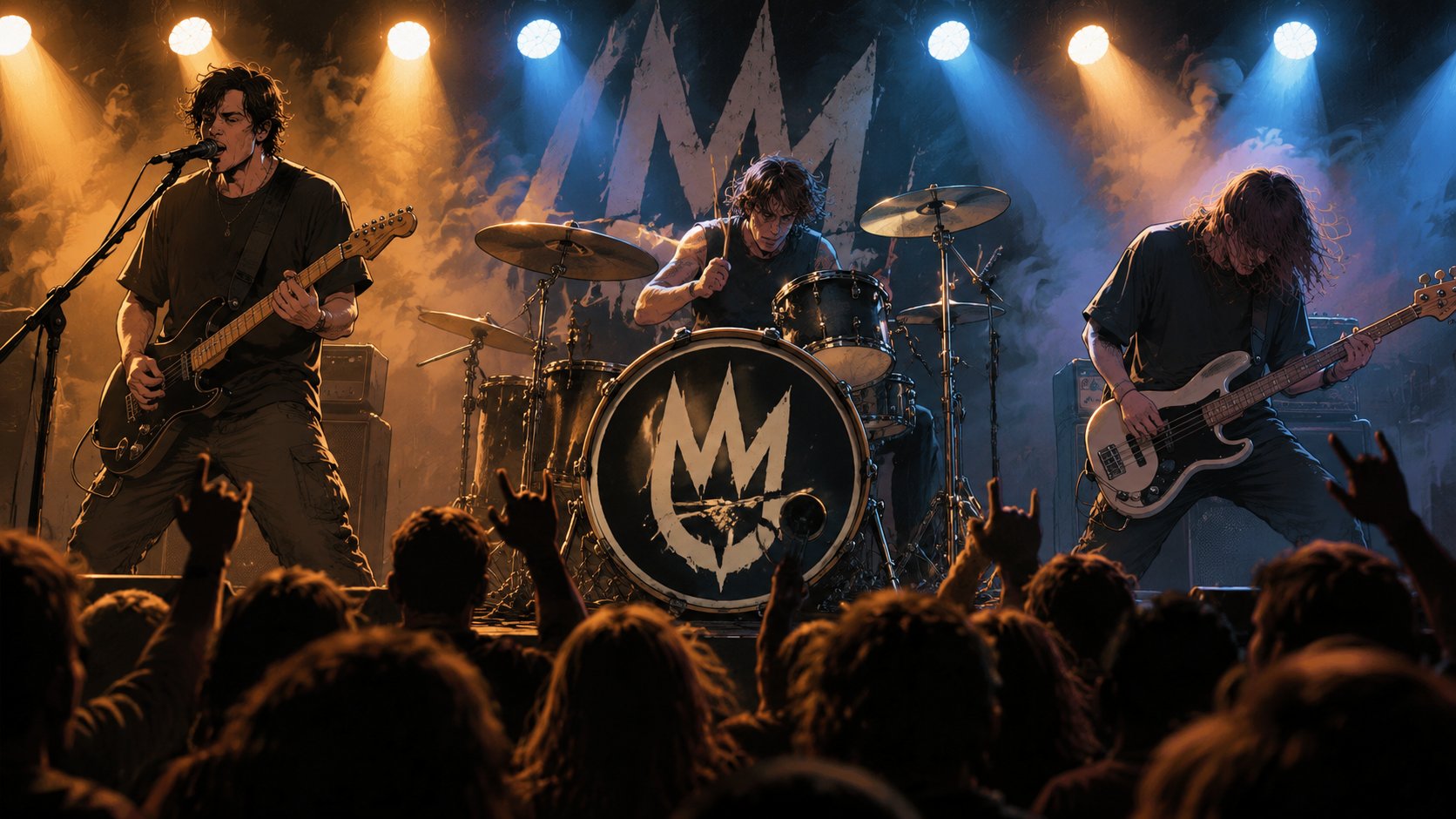 A live band performing on stage with a front-facing bass drum featuring a bold custom band logo, dramatic venue lighting