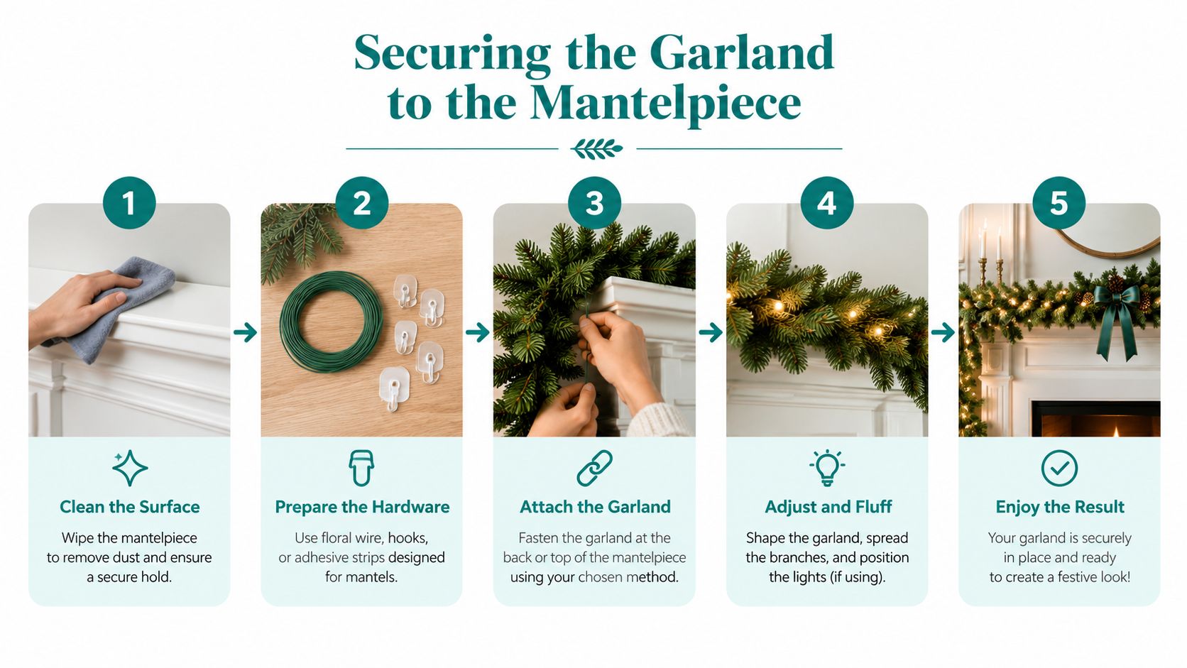 A five-step instructional graphic showing how to securely attach a festive garland to a white mantelpiece.