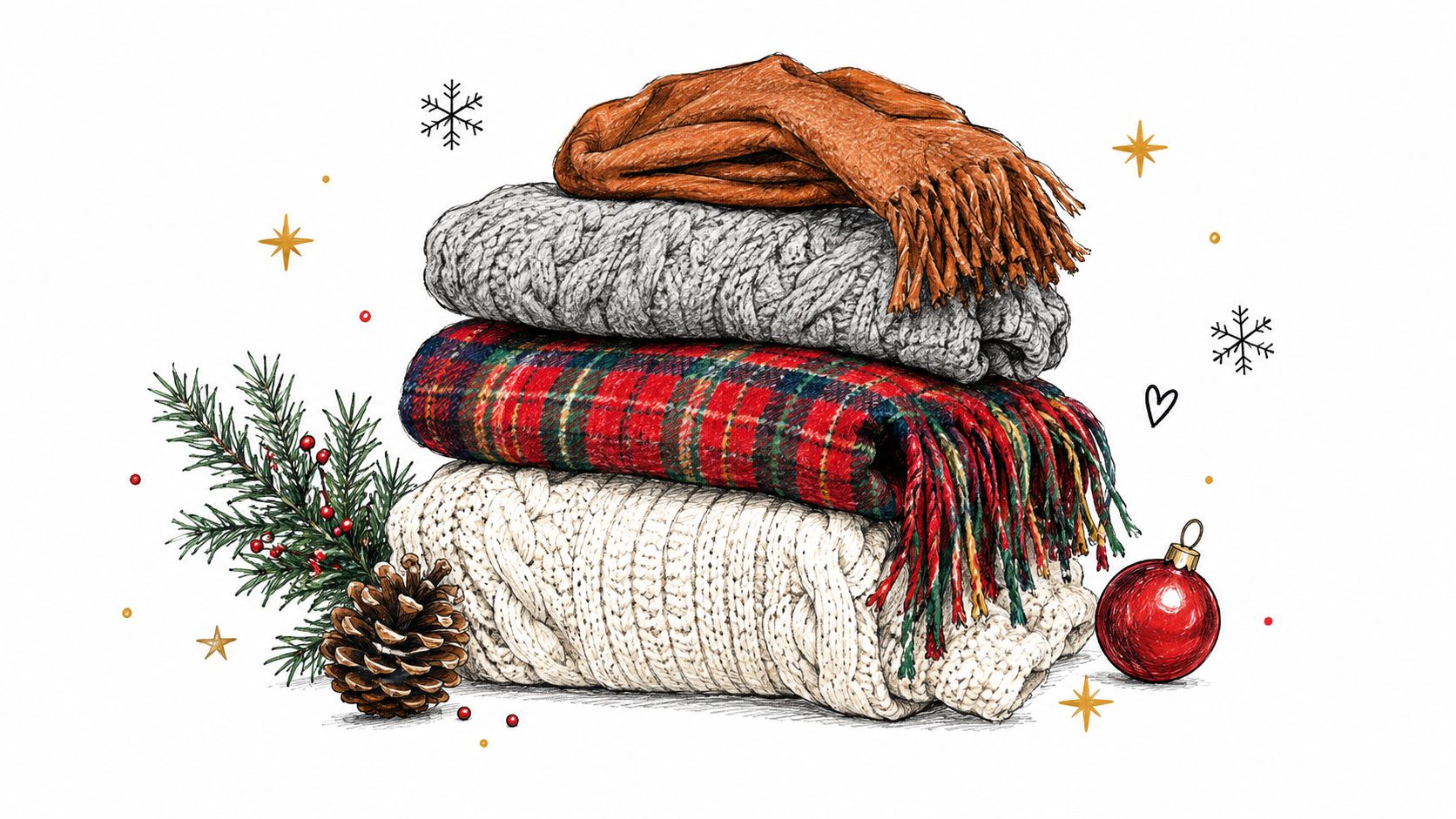 A stack of cozy knitted sweaters and a plaid blanket with a pinecone and red Christmas ornament.