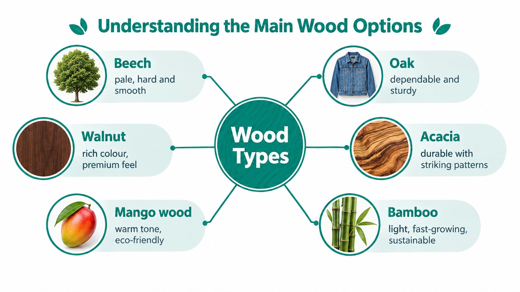 A diagram outlining six common types of wood including Beech, Oak, Walnut, Acacia, Mango wood, and Bamboo.