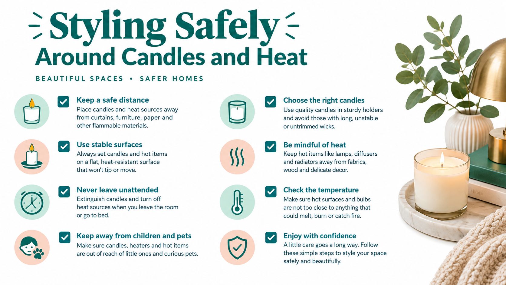 A safety infographic titled Styling Safely with eight essential tips for safely using candles and heat sources.