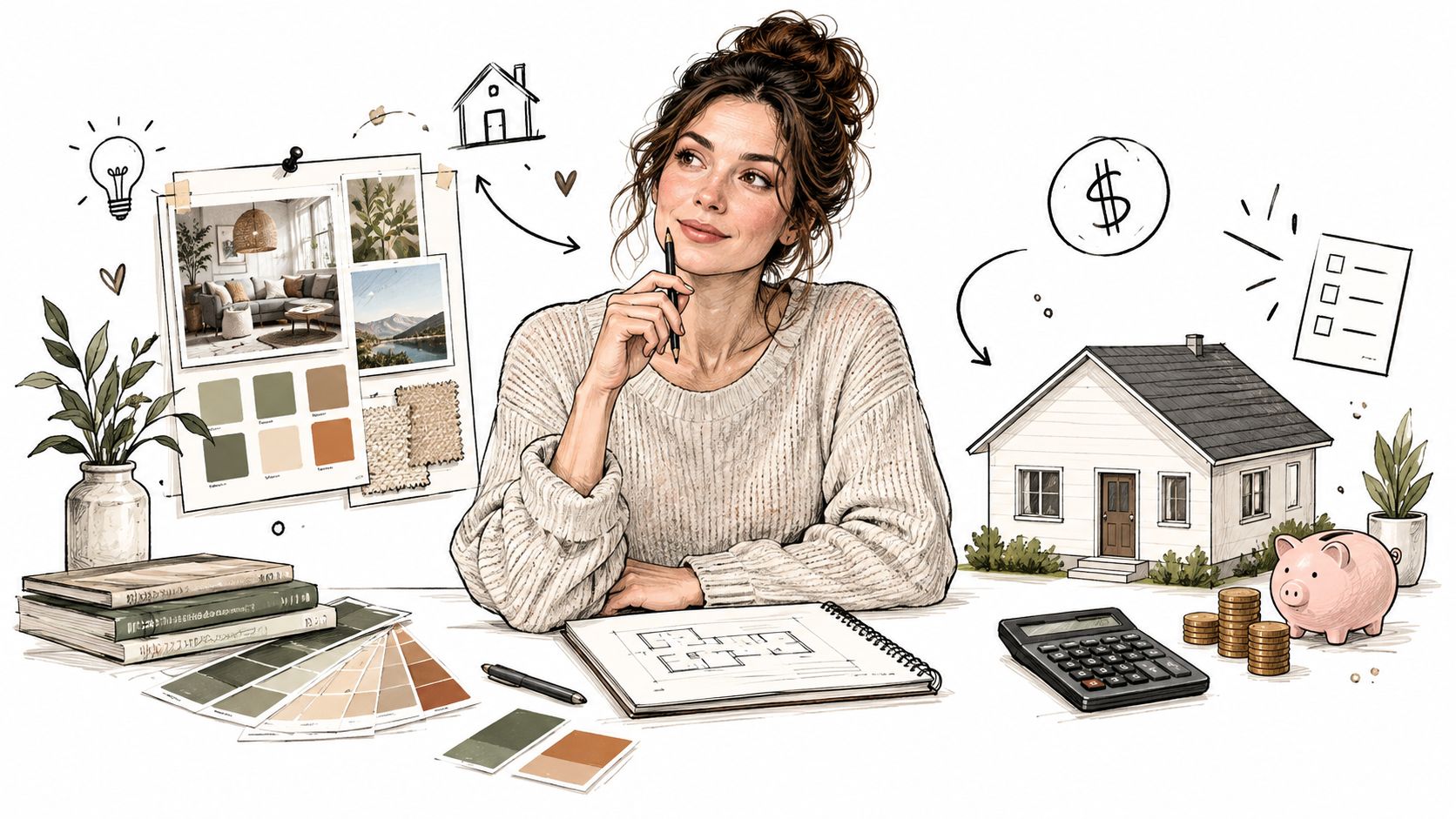A woman contemplating home interior design plans with sketches, color palettes, a calculator, and a piggy bank.